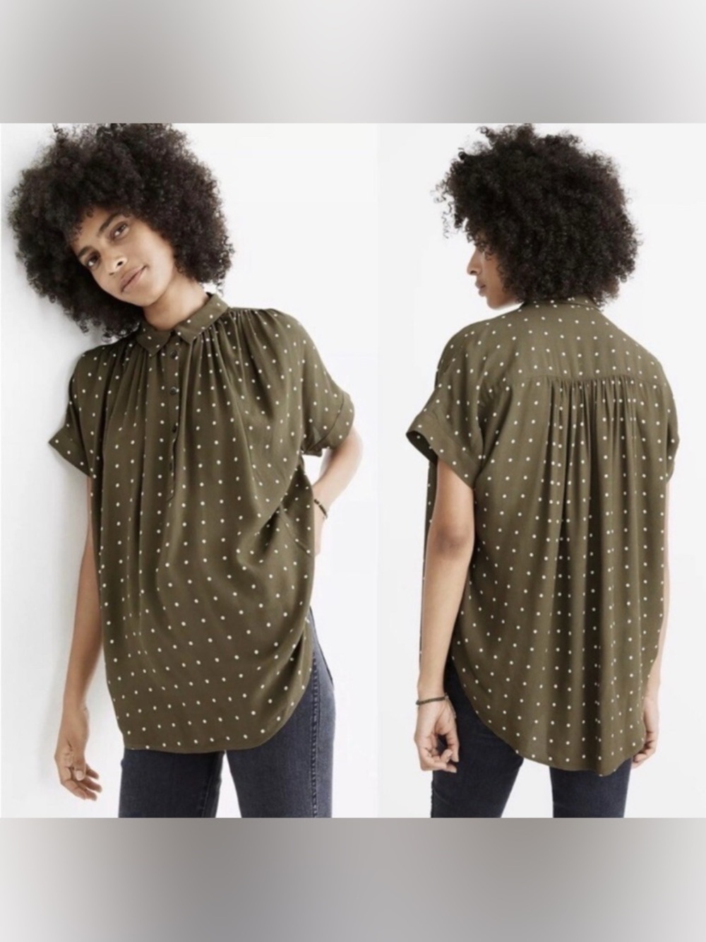Madewell Popover Olive Green Polka Dot Short-Sleeve Blouse Size Extra Small XS